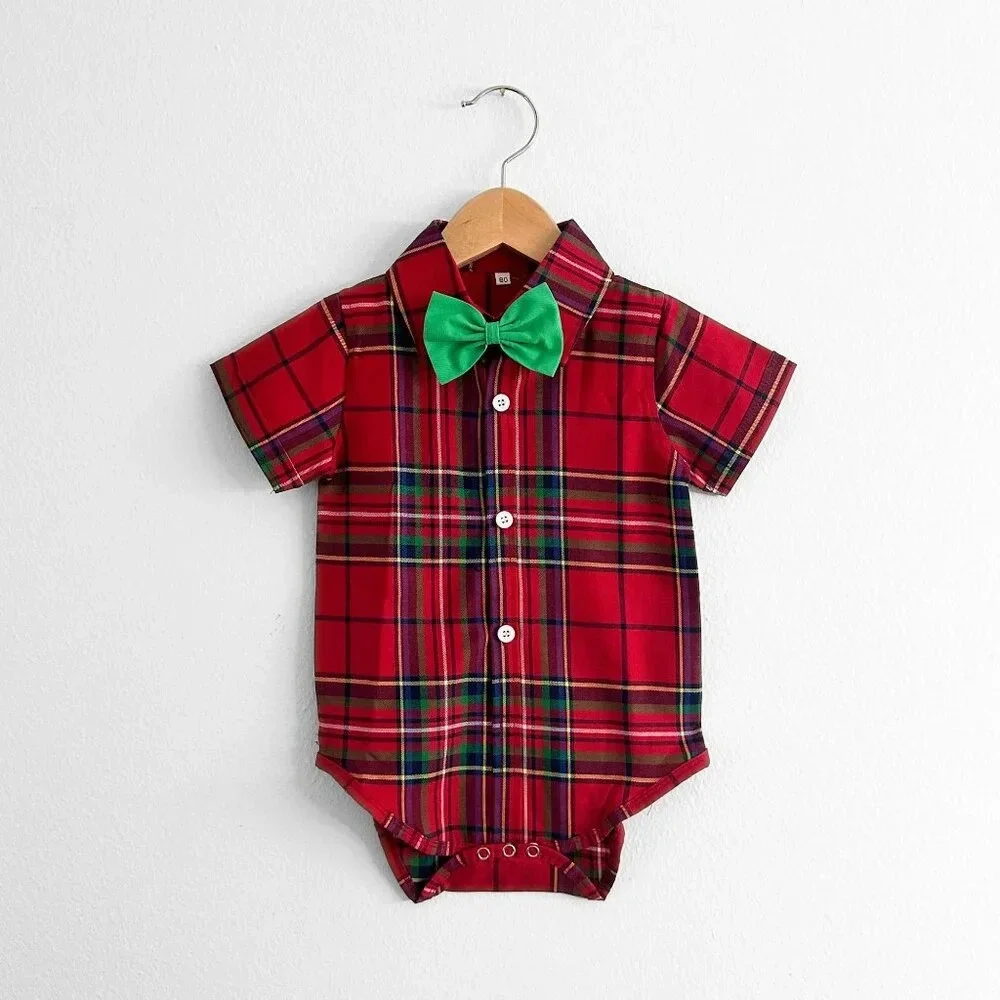 NWT Cute Boys Oxford Button Down Christmas Romper Onesie Plaid Red & Green 6-9M